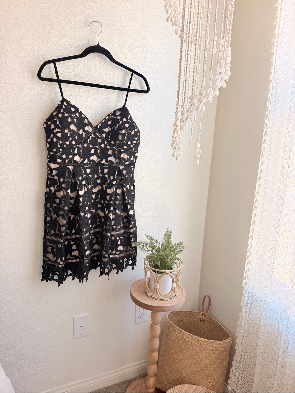 Windsor Black Lace Overlay Mini Dress with Nude Lining